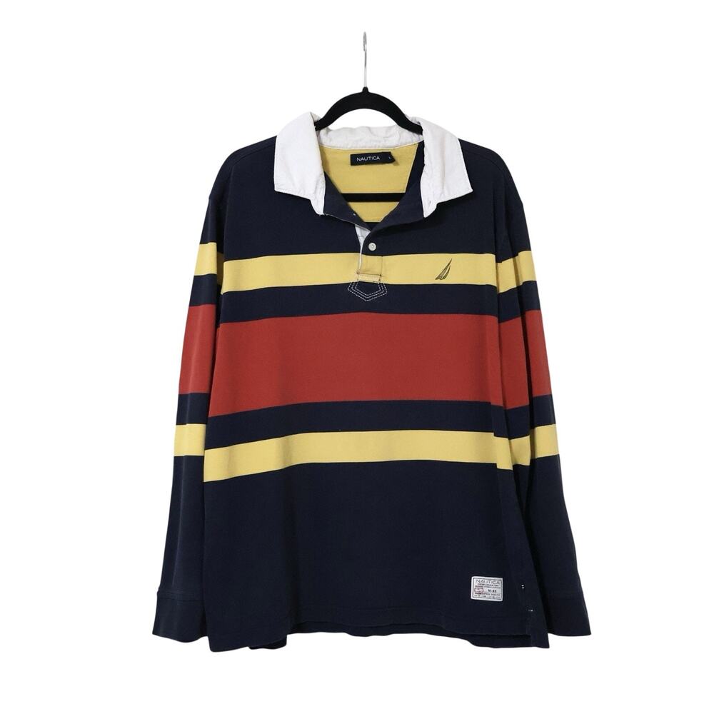Vintage Nautica Navy Yellow Red Long Sleeve Polo Rugby Shirt XL Nautical Preppy